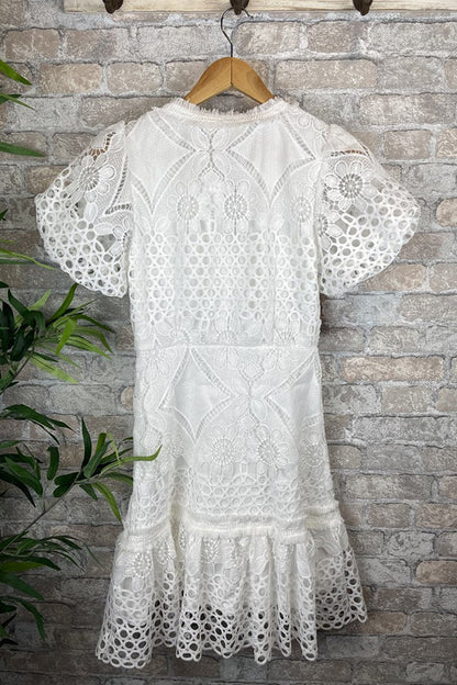 Crochet Lace Collared V-Neck Puff Sleeve Button-Front Tiered Mini Dress