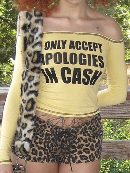 One Shoulder Letter Print Long Sleeve Tee