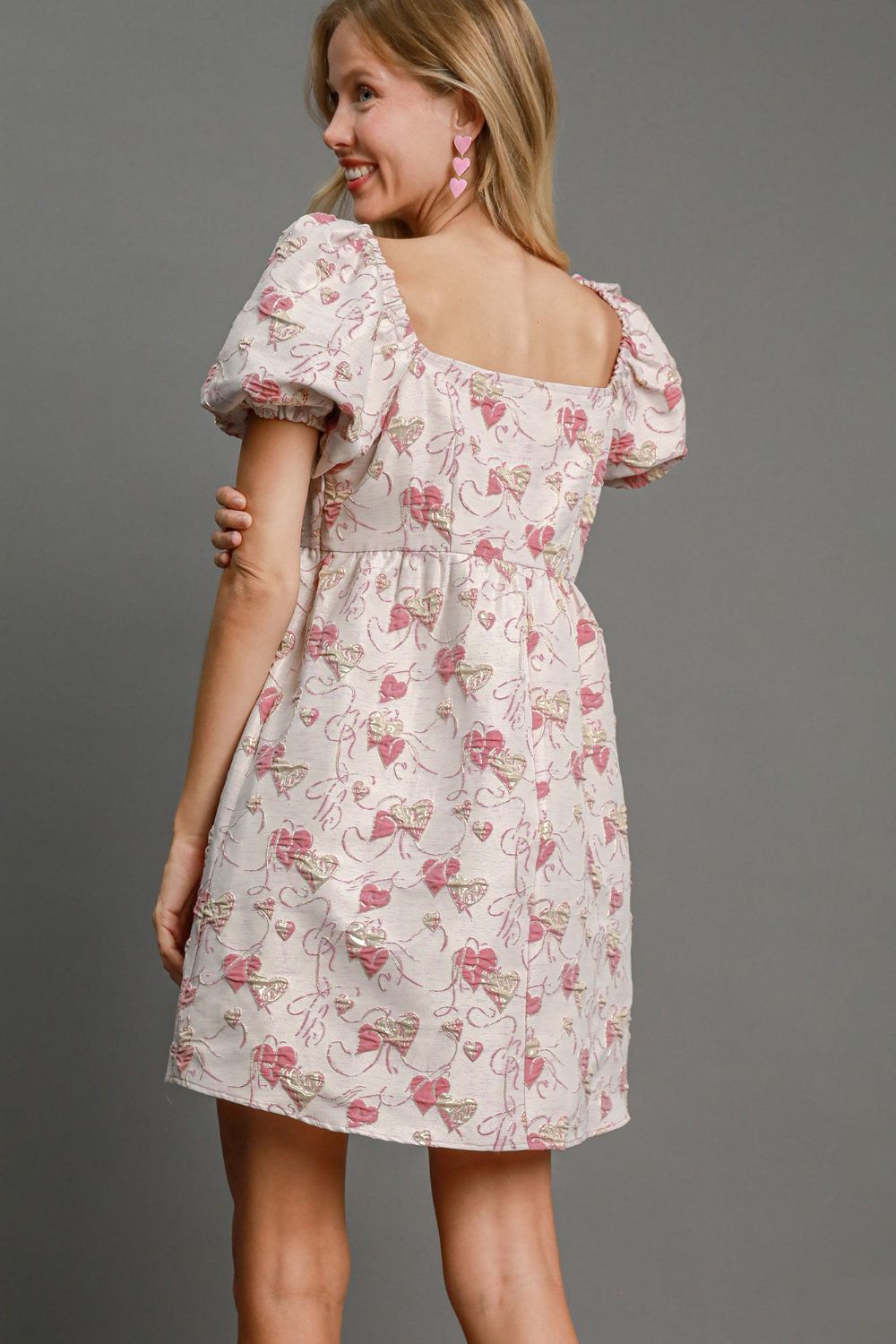 Heart and Bow Jacquard Square Neck Puff Sleeve Babydoll Mini Dress