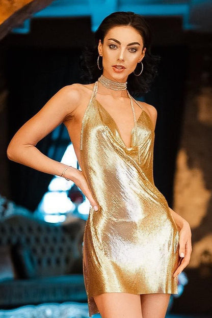 Metallic Mesh Halter Cowl Neck Backless Mini Dress