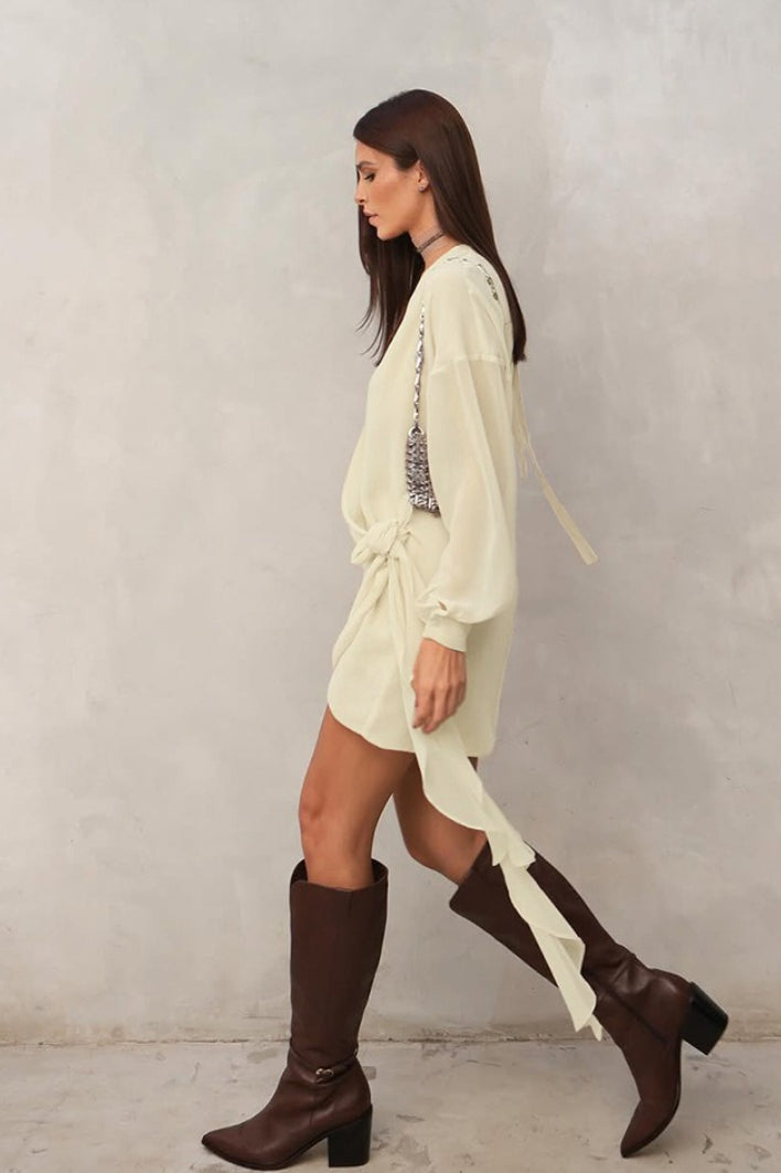 Deep V-Neck Wrap Tie Waist Bishop Sleeve Mini Dress