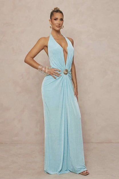 | Deep V Halter Ruched Backless Maxi Dress