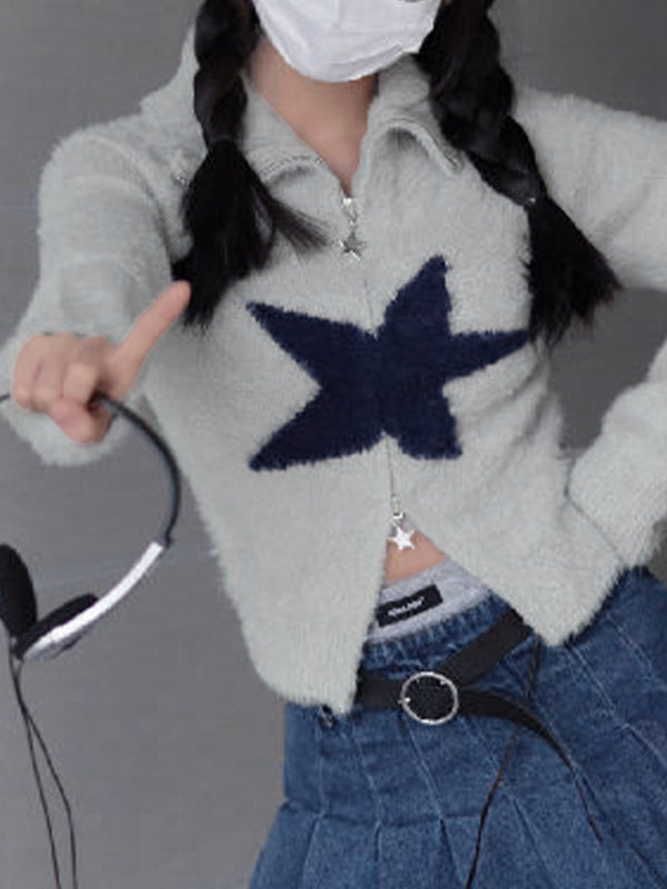 Plush Star Embellished Lapel Neck Zip Up Cardigan