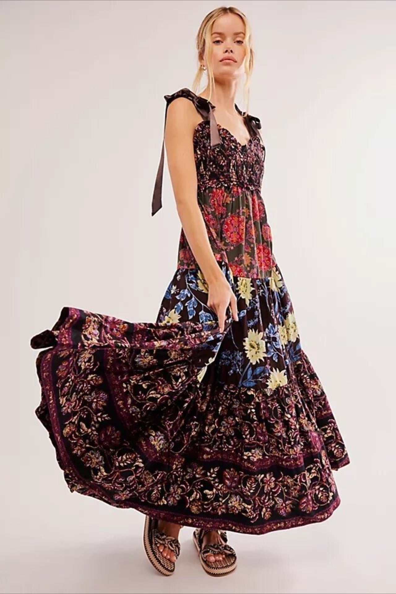 Smocked Sweetheart Neck Tie Shoulder Tiered Floral Paisley Maxi Dress