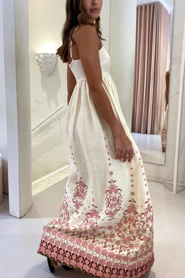 Linen Blend Floral Border Print Spaghetti Strap Empire Waist Maxi Dress