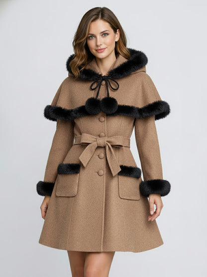 Faux Fur Trimmed Belted Wool Blend coat With Hooded Cape For Women 2026