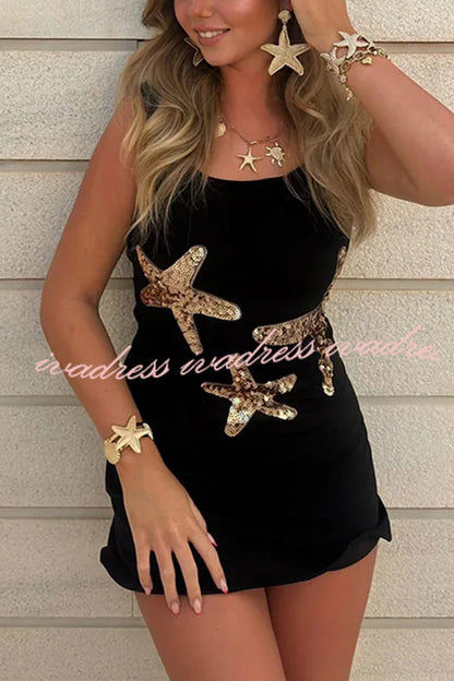 Beachside Dreams Starfish Sequin Wave Hem Stretch Tank Mini Dress
