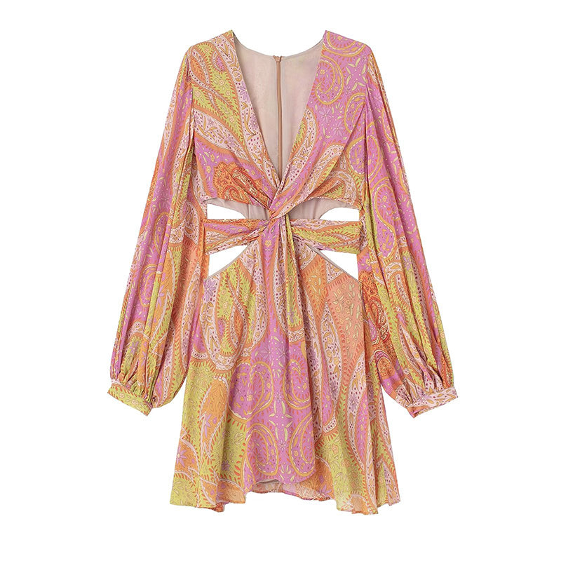 Paisley Print Plunging V-Neck Slit Sleeve Cutout Waist Tie Boho Mini Dress
