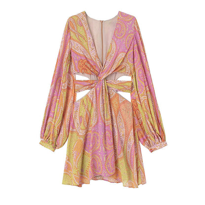 Paisley Print Plunging V-Neck Slit Sleeve Cutout Waist Tie Boho Mini Dress