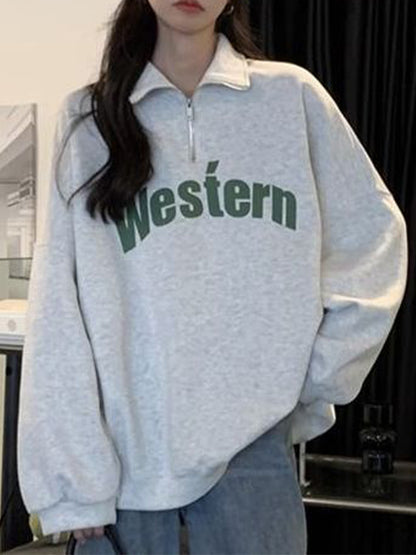 Vintage Letter Print Half Zip Sweatshirt