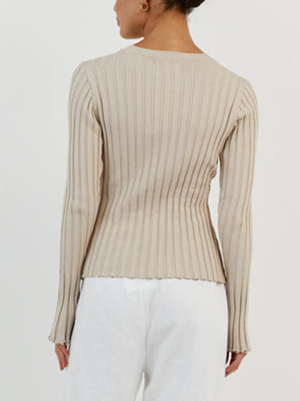Solid Ribbed Crew Neck Long Sleeve Knit