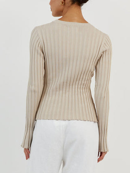 Solid Ribbed Crew Neck Long Sleeve Knit