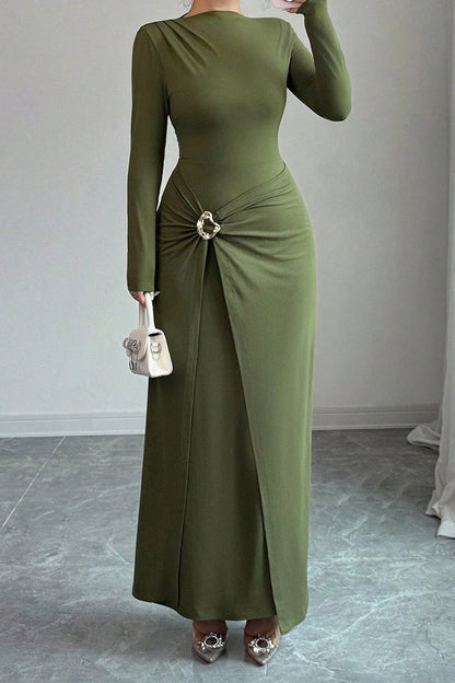 Boat Neck Hammered Metal Buckle Draped Front Slit Maxi Dress