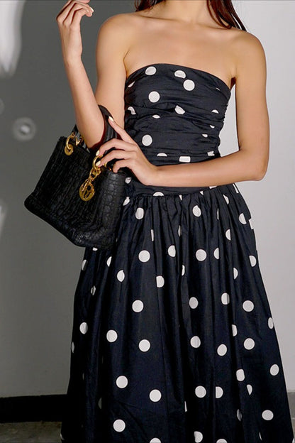 Strapless Ruched Bubble Hem Polka Dot Bodycon Midi Dress