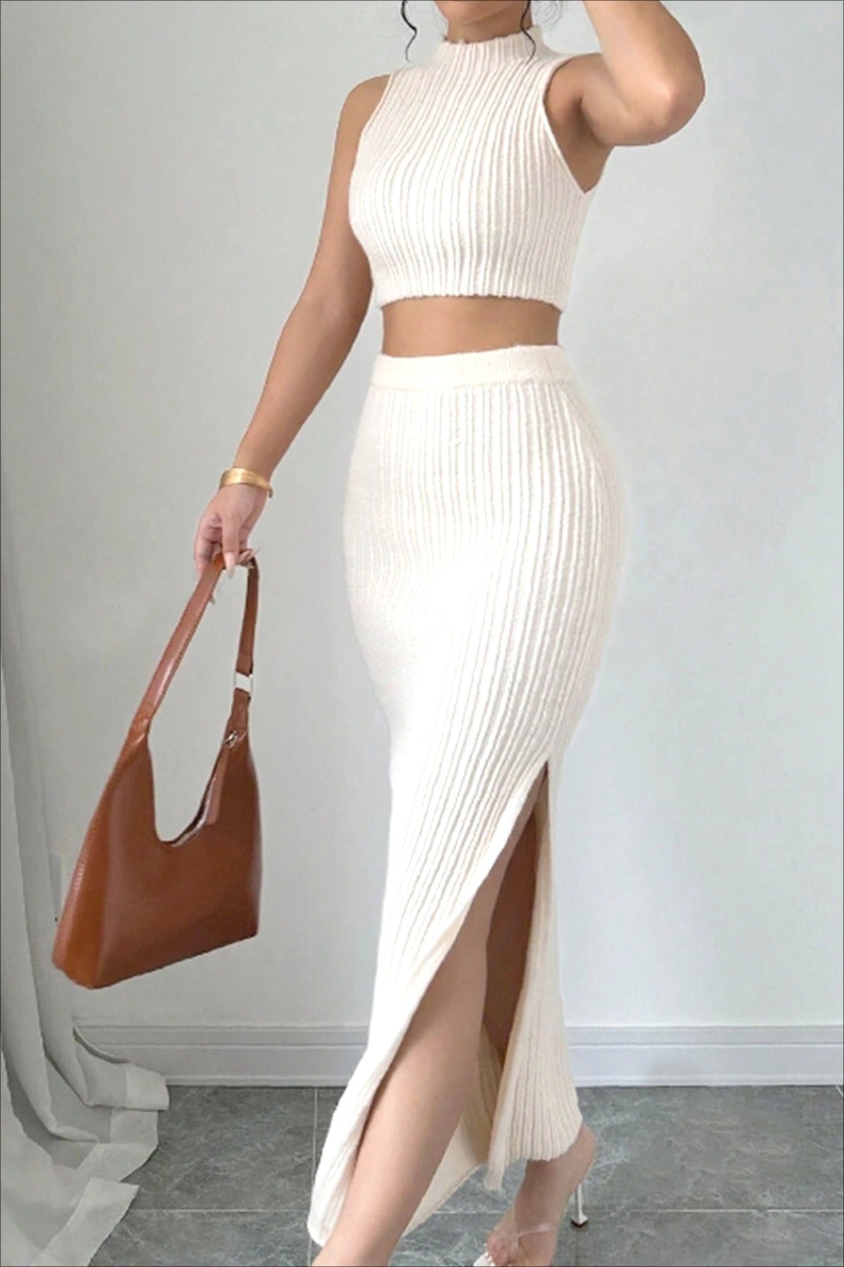 Knit Sweater Tank Top & Split Skirt Sweater Dress