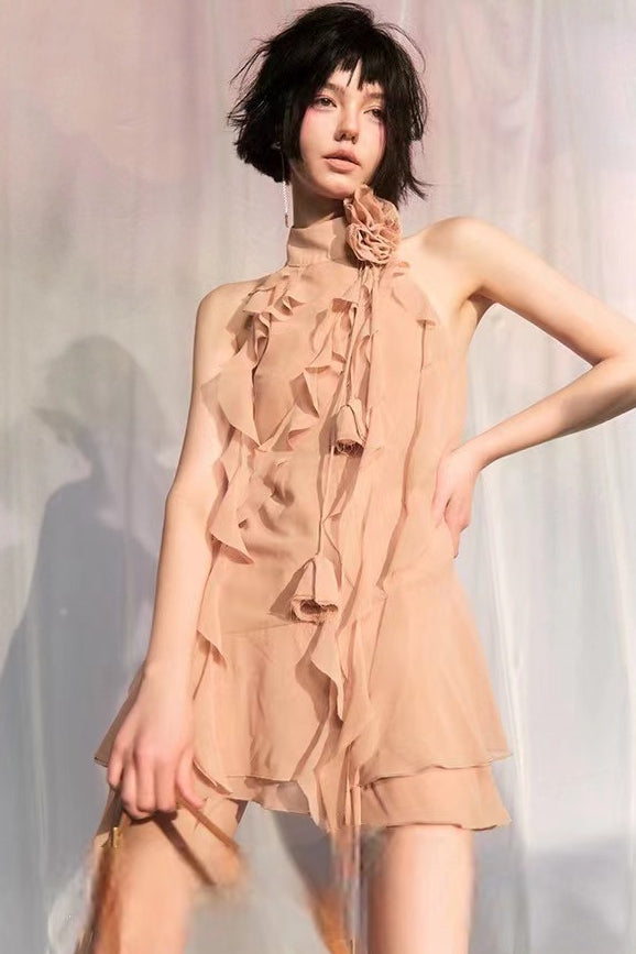 Halter Rosette Neck Ruffled Streamer Trim Mini Dress
