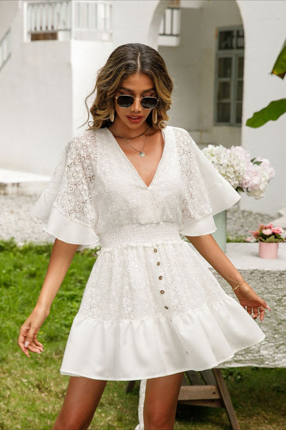 Smocked Waist Eyelet Lace V-Neck Flutter Sleeve Button-Front Boho Mini Dress