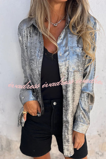 First and Fabulous Metallic Fabric Button Up Long Sleeve Loose Blouse