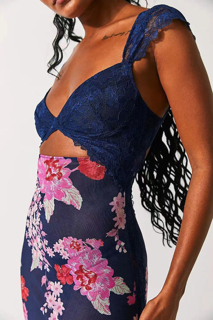 Floral Print Lace Patchwork Hollow-out Slim-fit Midi Dress