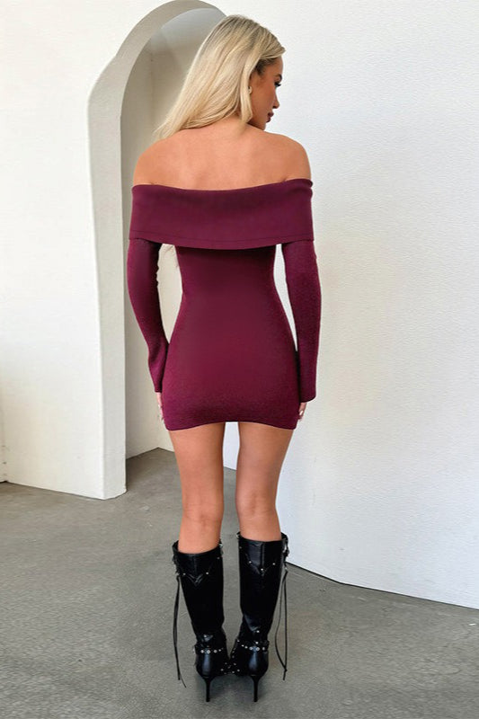Off Shoulder Foldover Rib Knit Long Sleeve Bodycon Mini Dress