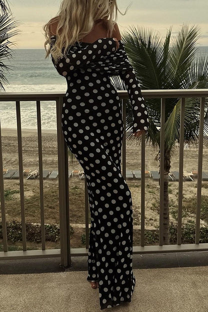 Polka Dot Off-the-Shoulder Ruched Long Sleeve Maxi Dress