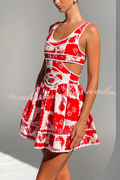 Holiday Colors Ric Rac Trims Unique Print Cutout Round Neck Mini Dress