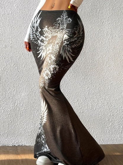 Cross-Wing Print Fishtail Midi Skirt