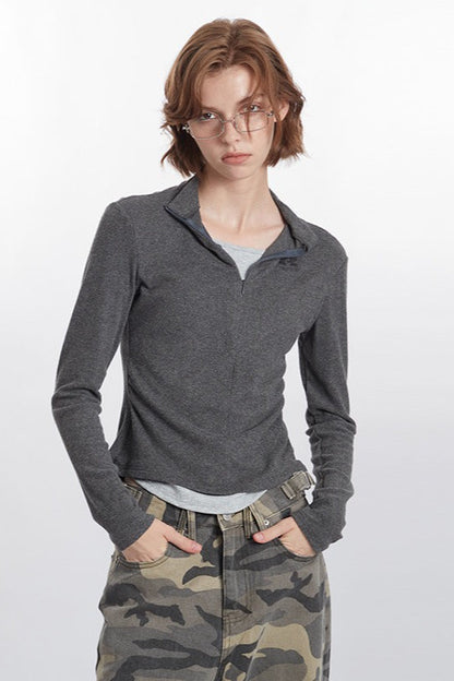 Mock Two-Piece Half-Zip Knit Top