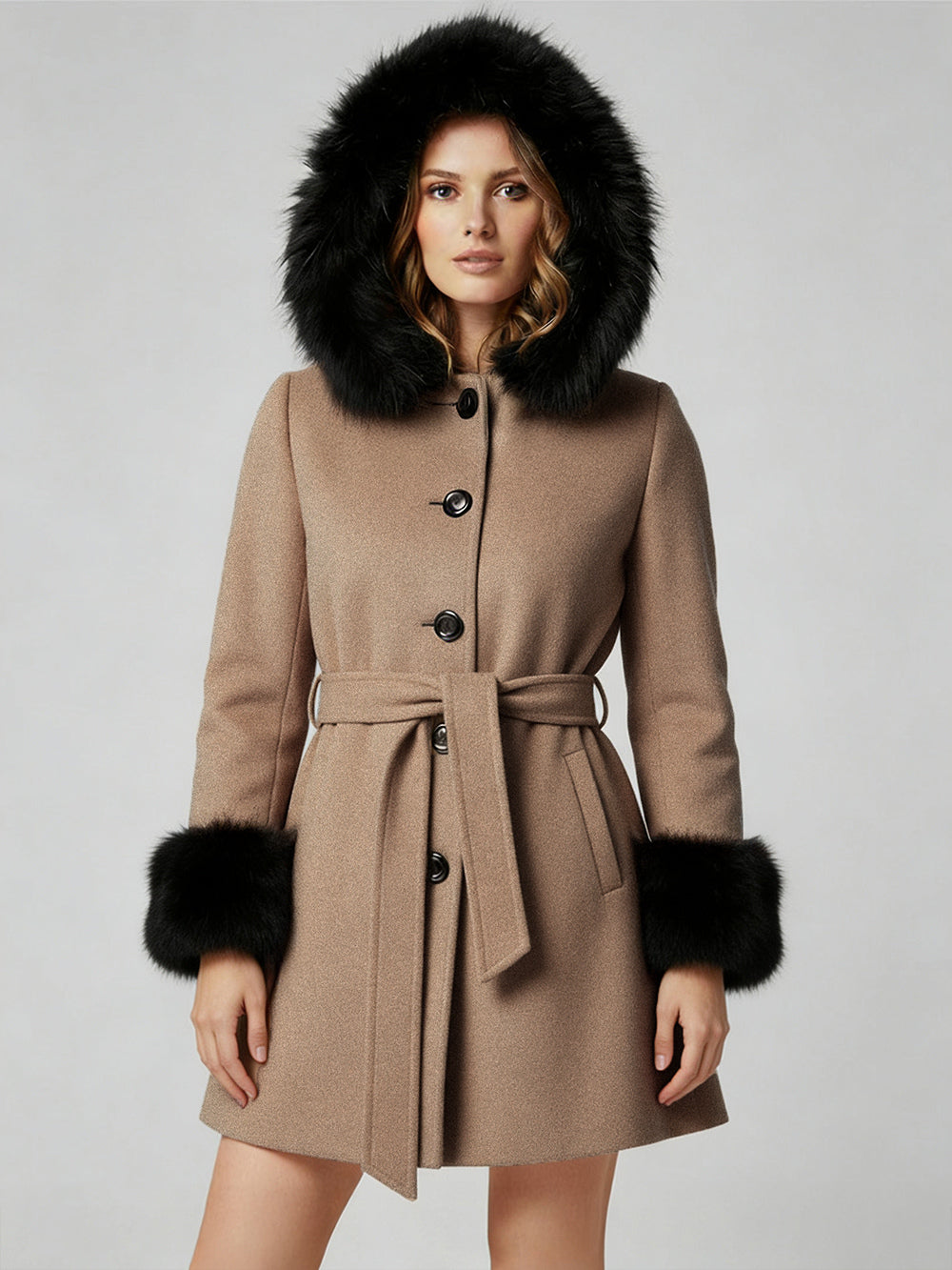 Belted Wool Blend Hooded Coat with black Faux fur cuffs For Women 2026