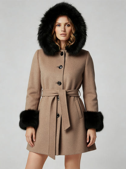 Belted Wool Blend Hooded Coat with black Faux fur cuffs For Women 2026