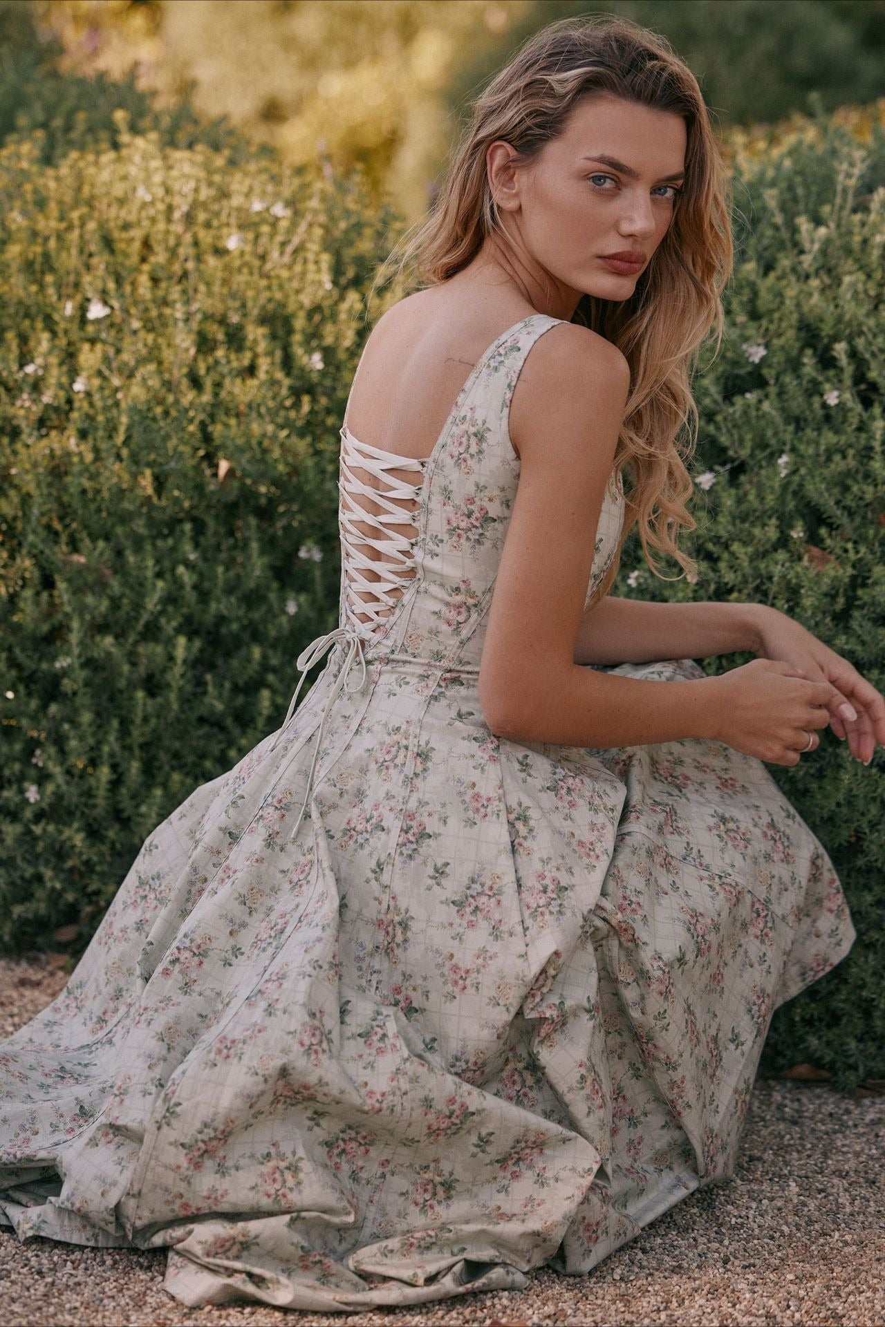 Square Neck Corset Bodice Floral Print Pocket Midi Dress