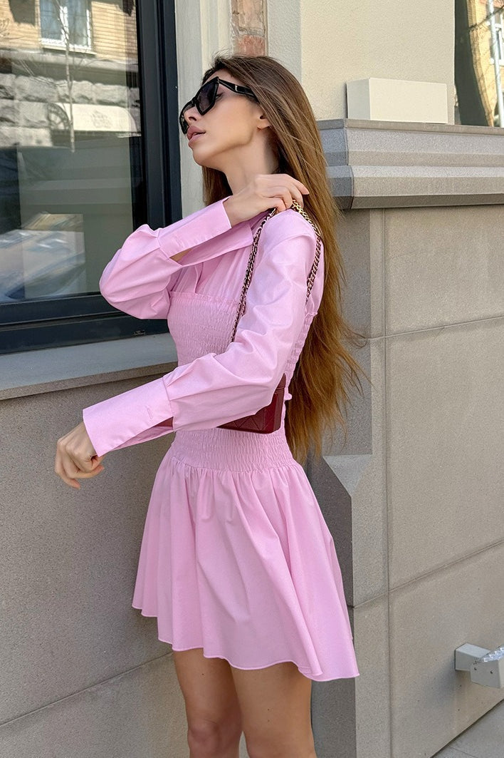 Point Collar Smocked Bodice Wide Cuff Long Sleeve Flare Mini Shirt Dress