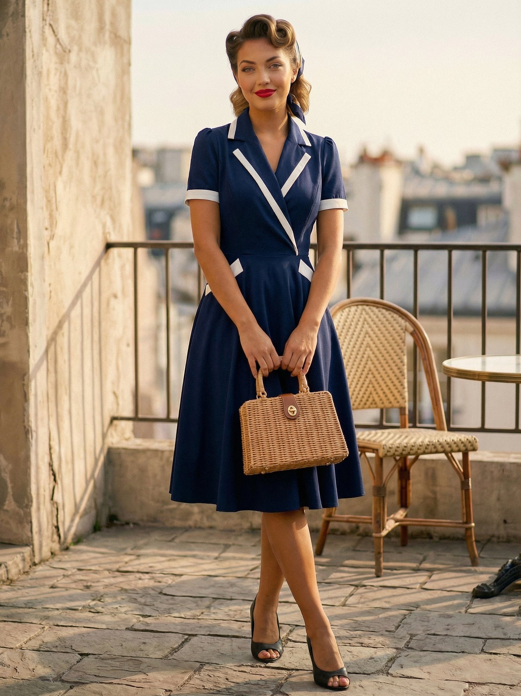 Contrast Trim Lapel Collar Double Pocket A Line Retro Tea Dress For Women 2026