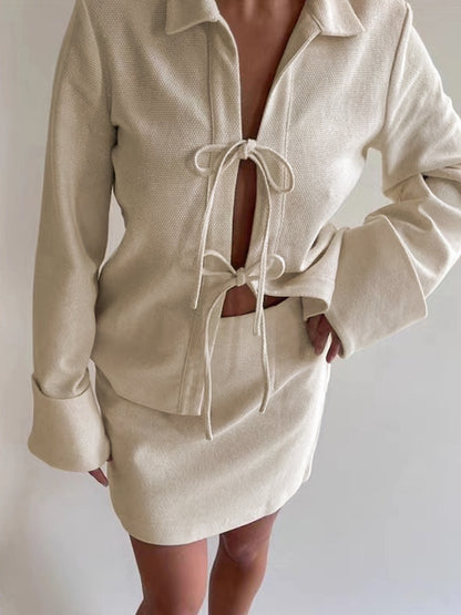Solid Color Lace Up Cardigan Long Sleeve Blouse