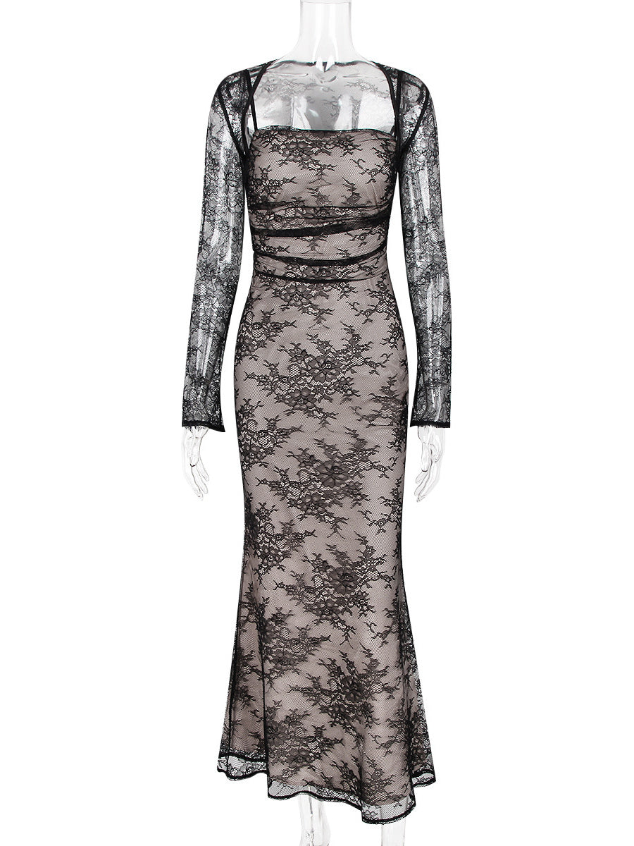 Trumpet Dress Lace-up Cutout Floral Embroidery Long Sleeves Prom Dresses