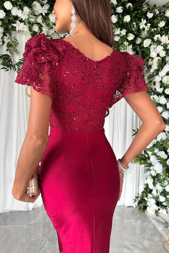 Sequin Lace Flutter Sleeve Deep V-Neck Ruched Satin Midi Dress