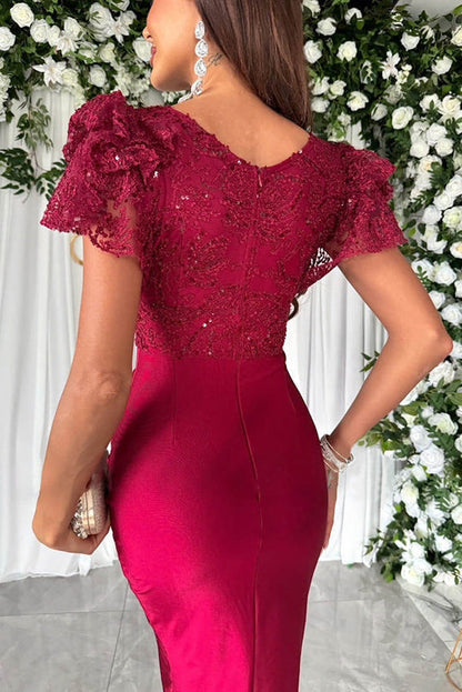 Sequin Lace Flutter Sleeve Deep V-Neck Ruched Satin Midi Dress