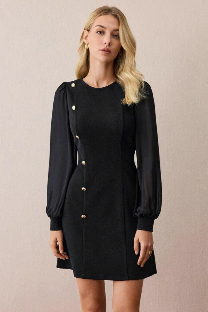 Crew Neck Sheer Puff Sleeve Asymmetric Button Detail A Line Mini Dress