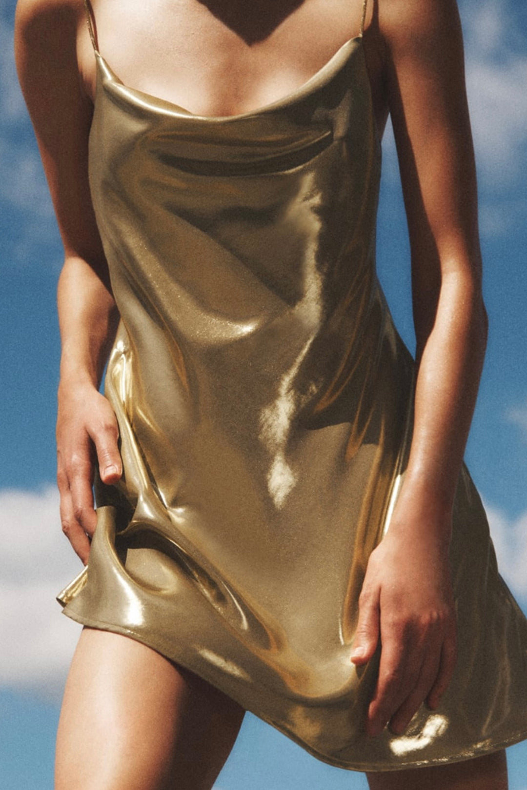 Cowl Neck Spaghetti Strap Metallic Satin Slip Mini Dress