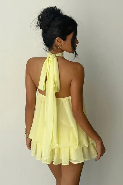 Pleated Halter Neck Tiered Ruffle Chiffon Trapeze Mini Dress