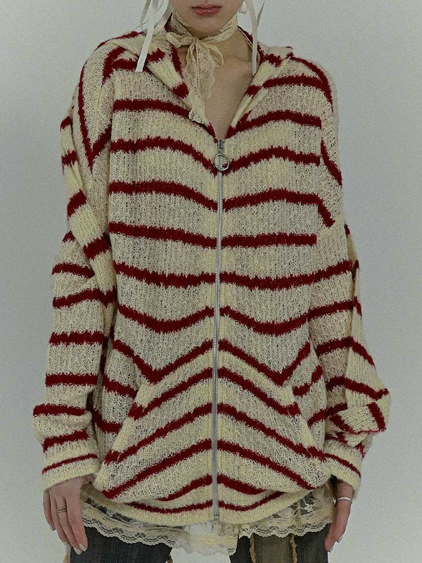 Rabbit Ear Styling Hooded Stripe Cardigan