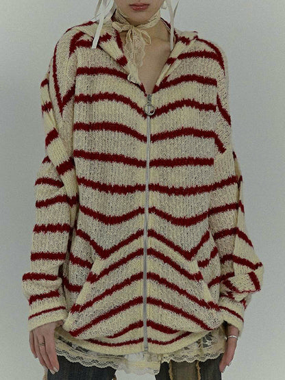 Rabbit Ear Styling Hooded Stripe Cardigan