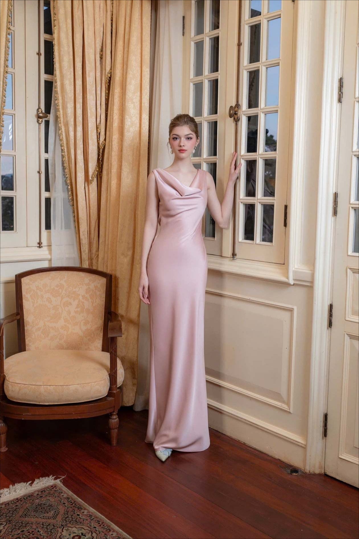 | Solid Satin Evening Maxi Dress
