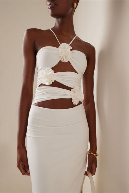 Sexy 3D Floral Ruched Halter Bodycon Dress