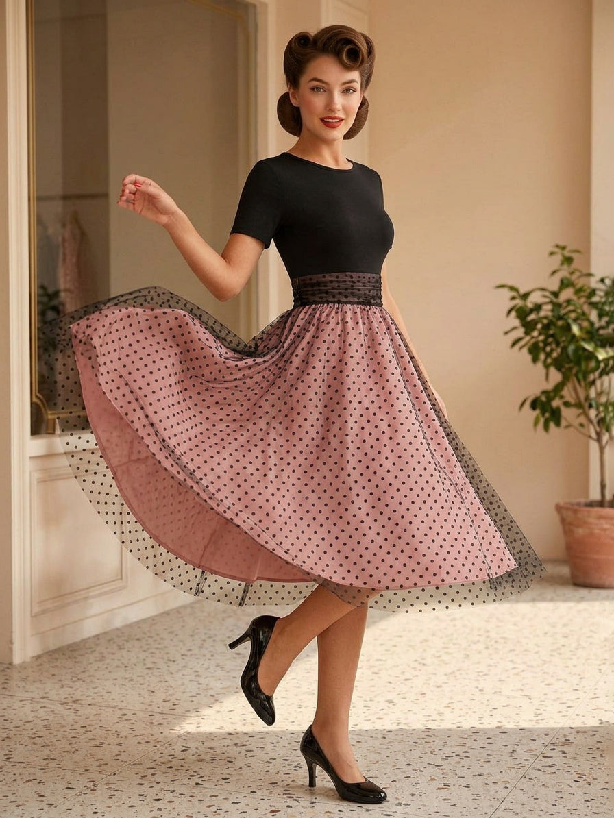 Retro Glamour Dress 1950s Style Jewel Neck Layered Short Sleeves Medium Polka Dot Rockabilly Dress