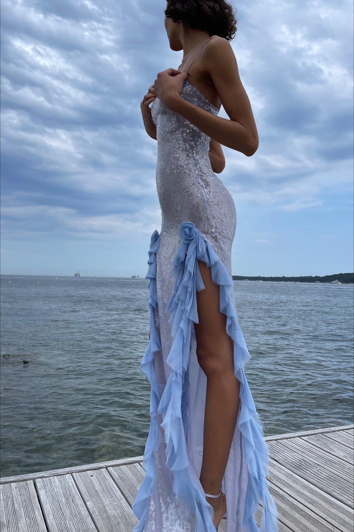 | Sequin Sheer Ruffle Maxi Dress