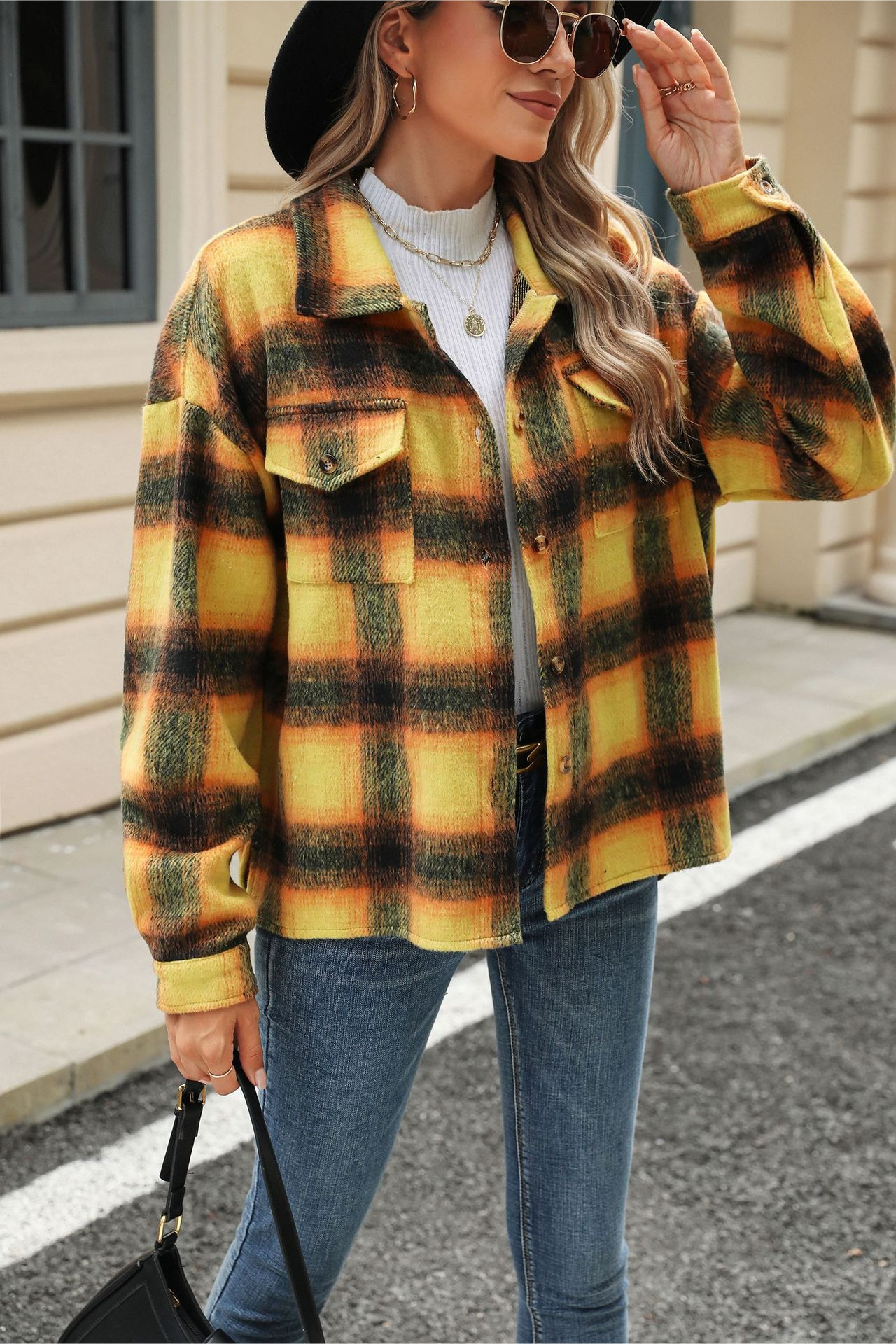 Loose Plaid Lapel Faux Wool Long Sleeve Coat