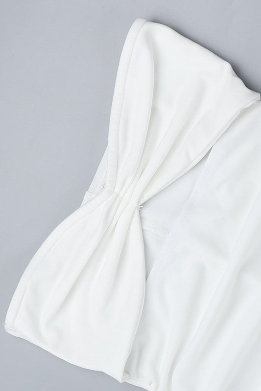 Strapless Twist Front Cutout Ruched Tiered Maxi Dress