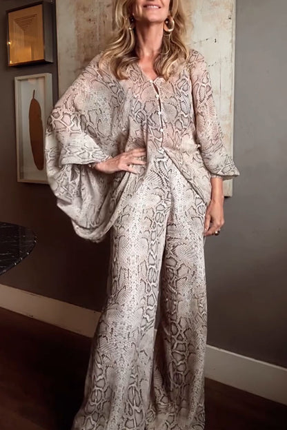 Iselle Animal Print Button Up Batwing Sleeve Shirt and Elastic Waist Wide Leg Pants Set