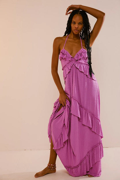 Solid Color V Neck Backless Strappy Sexy Boho Dress